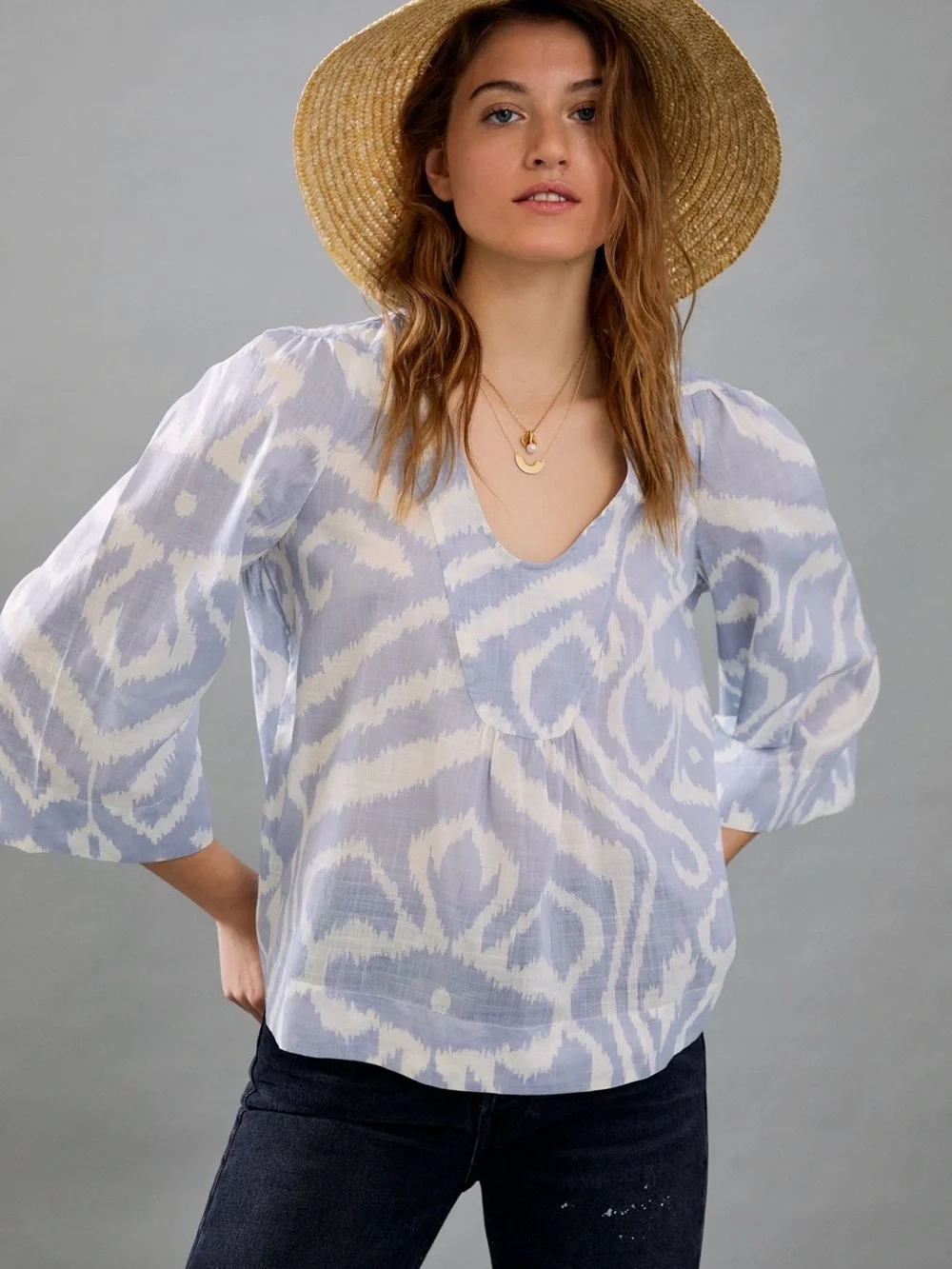 Anthropologie Light Blue & White Ikat V-Neck Blouse